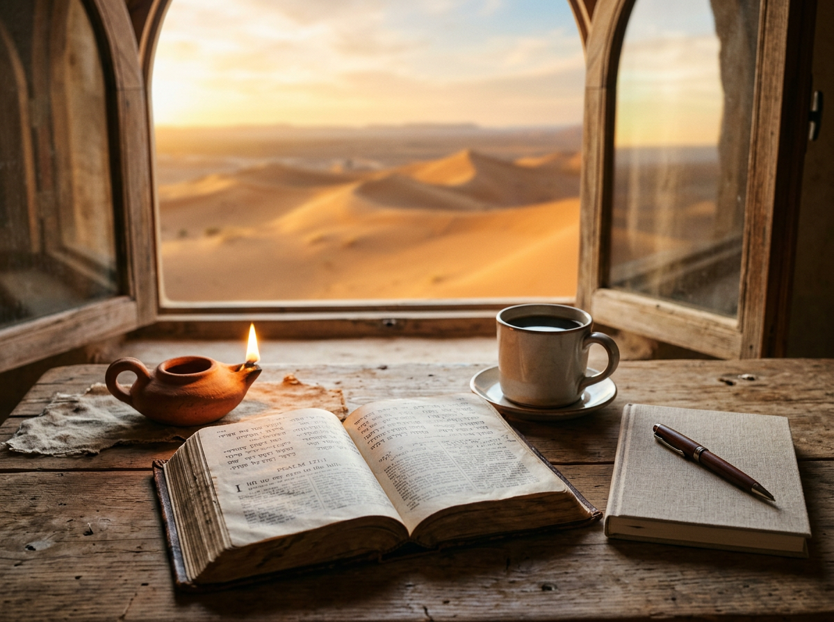 An open Bible, a small clay lamp, a journal and a cup of coffee on a wooden table at sunrise, with desert dunes outside the window